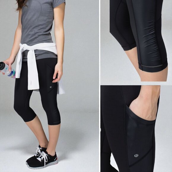 LULULEMON (  6  ) Black Cut The Crop Faux Leather Trim Leggings Pkts - Picture 1 of 10